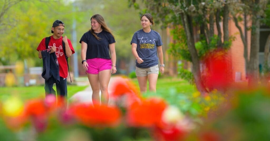 A male and two female students walking on campus in front of red flowers