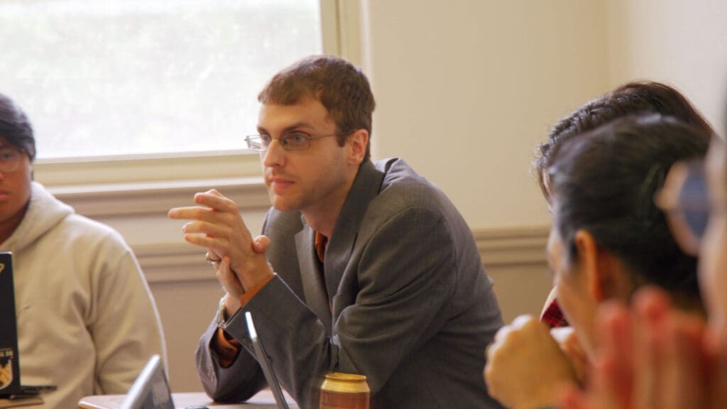 A professor leads a class discussion at Texas Lutheran University.